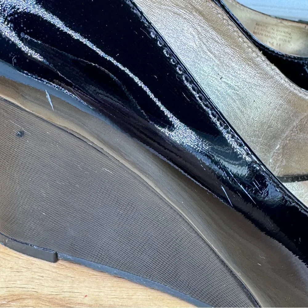 Lilly Pulitzer Patent Leather Peep Toe Wedge Heels Black 36.5 US‎ 6